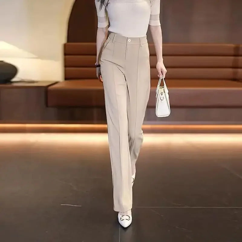 High Waist Khaki Office Trousers - Womens Straight Leg Cotton Pants