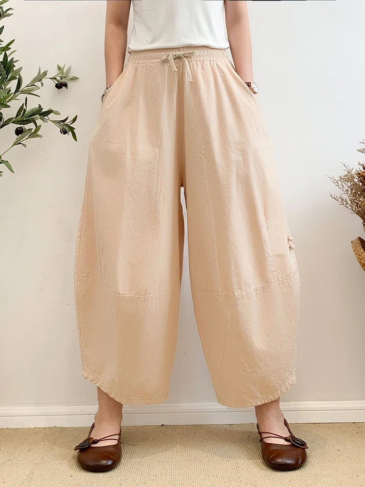 Womens Khaki Oversized Harem Pants - Baggy Cotton Linen Lantern Pants with Pockets for Summer 2023