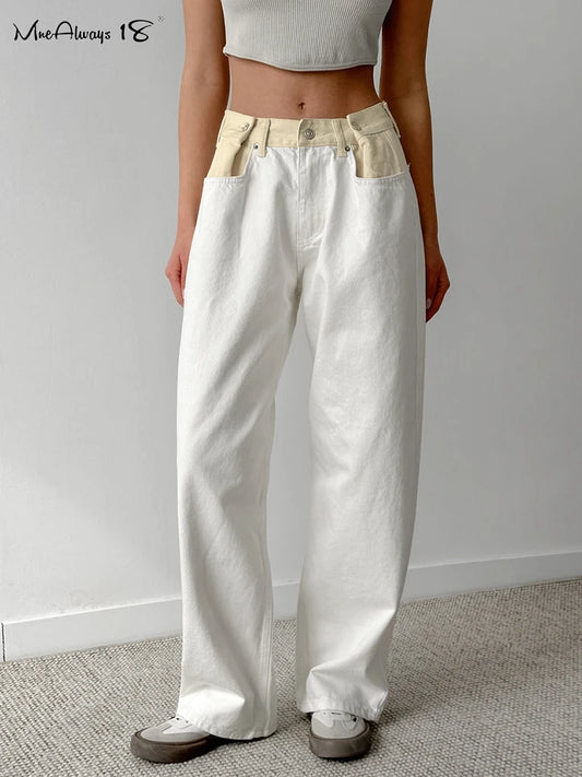 Womens Wide-Leg Pleated Patchwork Pants with Pockets