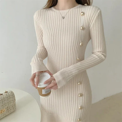 Slimming Knit Dress for Women - Elegant Knee-Length Sweater Dress for AutumnWinter 2023