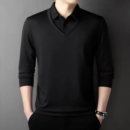 Mens Fake Collar Casual Long Sleeve Pullover Tee - Lapel Polo Sweater