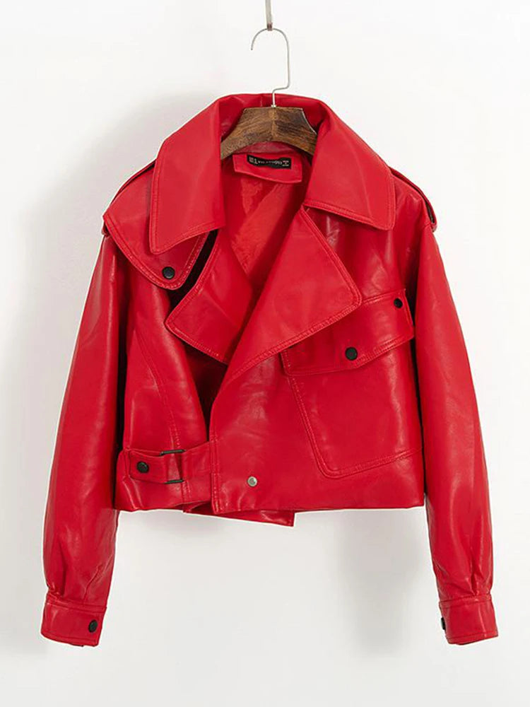 Faux Leather Biker Jacket - Womens Spring Streetwear in Red and White