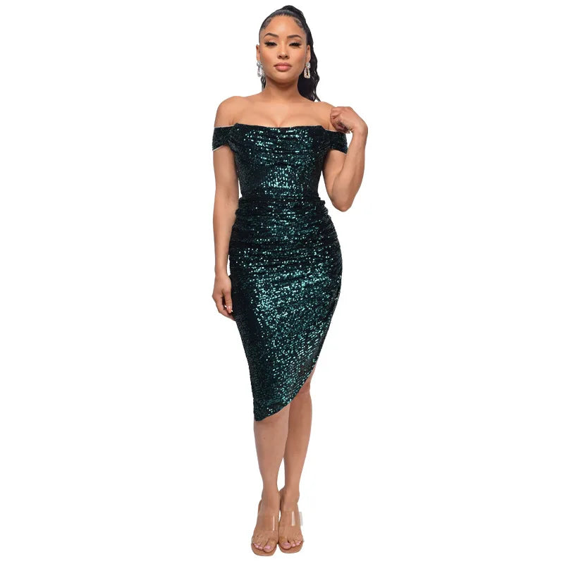 Off-Shoulder Sequin Bodycon Dress - Stylish Knee Length Party Dress