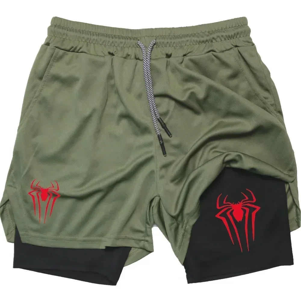 Mens Y2K Spider Print Compression Shorts - 5-Inch Quick-Dry Gym Training Shorts with Pockets Breathable 2-in-1 Design