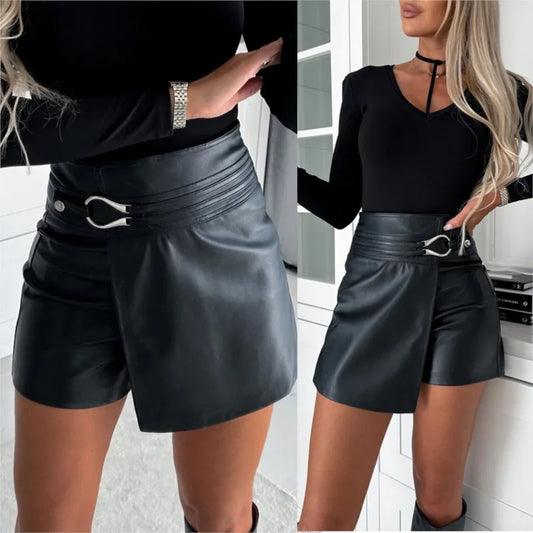 Asymmetrical Black PU Leather Mini Skirt - High Waist Trendy Womens Shorts with Buttons