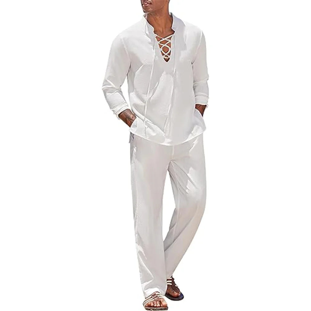 Mens Cotton Linen Beach Suit - 2pcs Shirt  Sweatpants Tracksuit