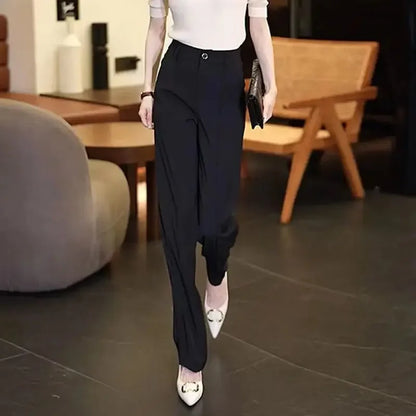 High Waist Khaki Office Trousers - Womens Straight Leg Cotton Pants