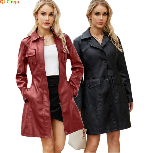 Red PU Leather Long Waist Windbreaker Jacket for Women