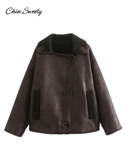 Vintage Womens Leather Jacket - Thick Warm Fleece Fall Winter Outerwear