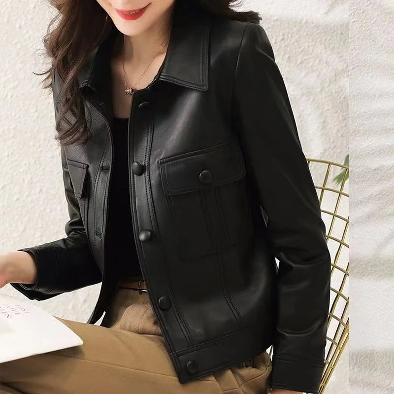 Womens PU Leather Lapel Jacket - Stylish Short Coat for Spring Autumn