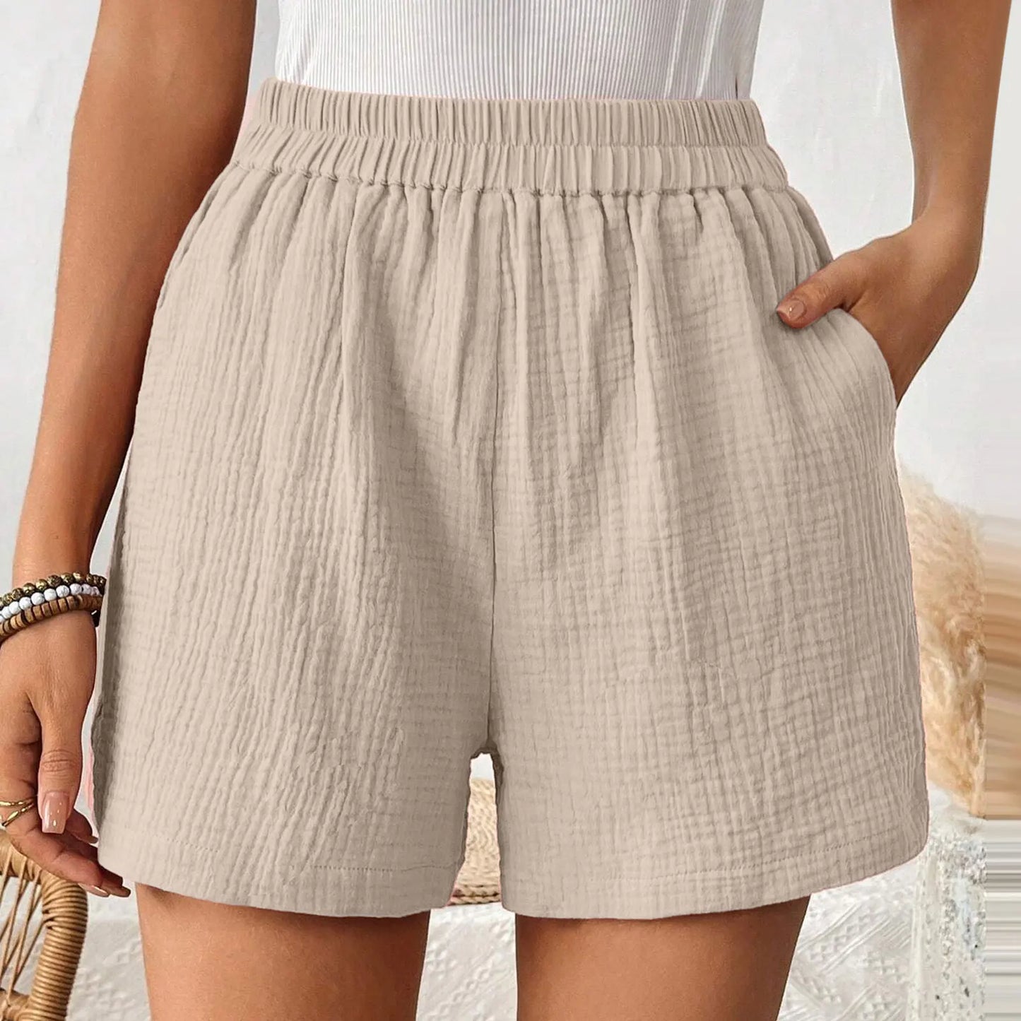 High Waist Cotton Pleated Shorts - Casual Womens Streetwear 2024