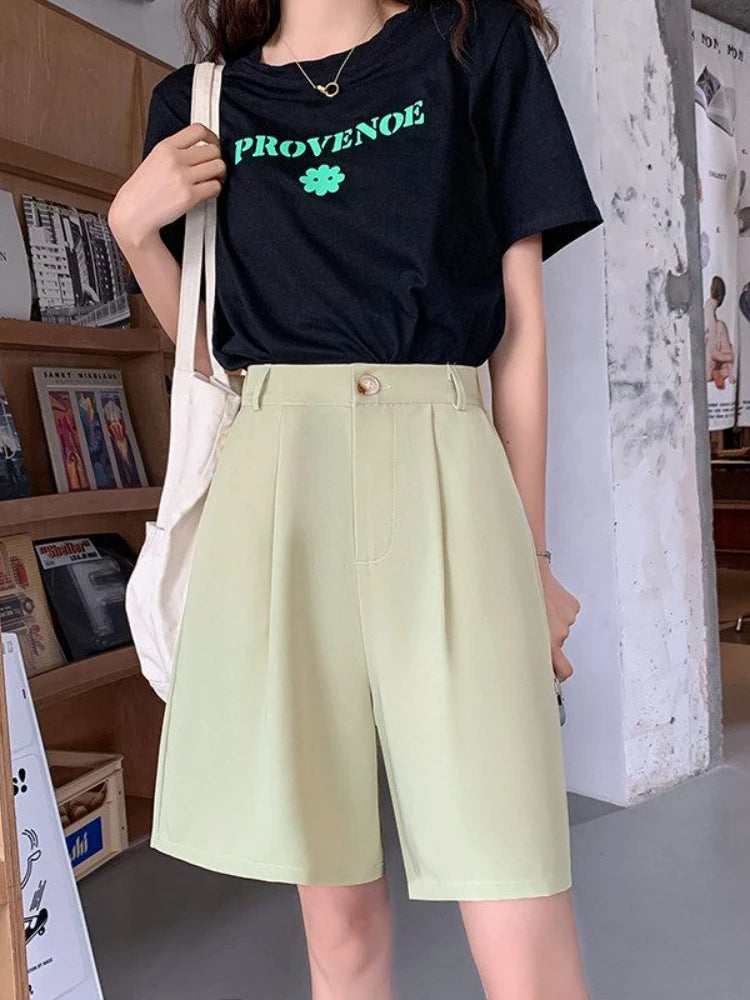 Black High Waist Suit Shorts for Women - Loose Elastic Waist Casual Wide Leg Ice Silk Summer Pants