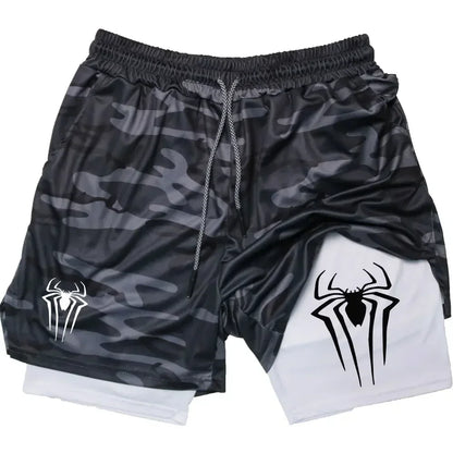 Mens Y2K Spider Print Compression Shorts - 5-Inch Quick-Dry Gym Training Shorts with Pockets Breathable 2-in-1 Design