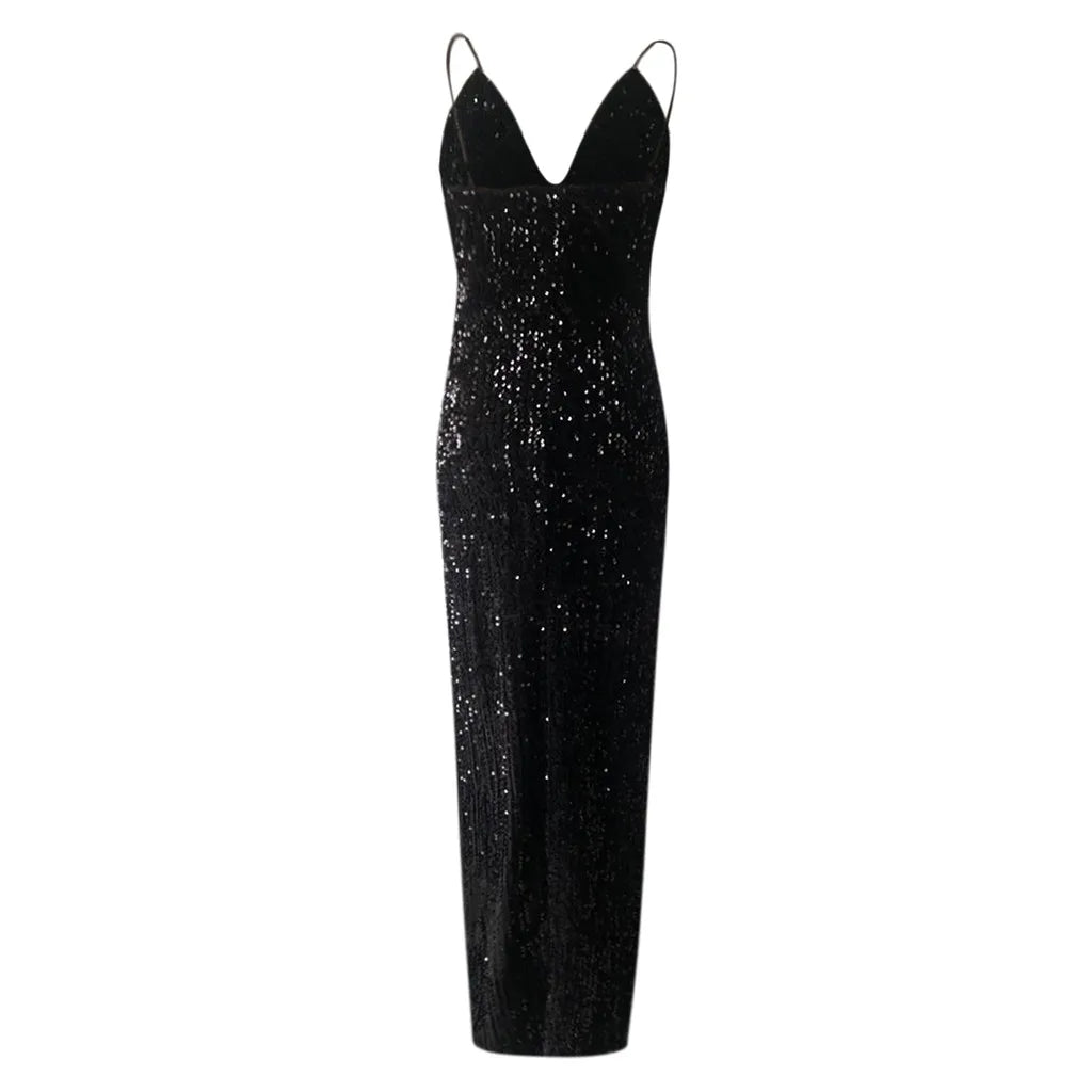 Backless Satin Sequin Maxi Dress for Women - Spaghetti Strap Evening Party Dress with Side Slit