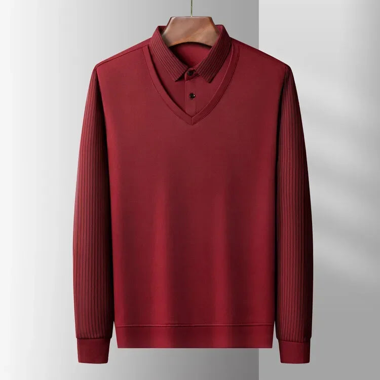 Mens Fake Collar Casual Long Sleeve Pullover Tee - Lapel Polo Sweater