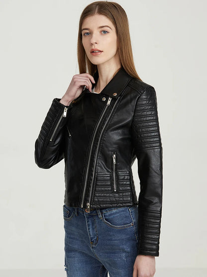 Faux Leather Motorcycle Jacket for Women - Black with Rivet Detail and Turndown Collar