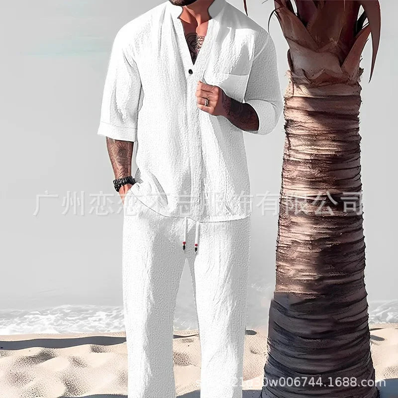 Mens V-Neck Casual Cotton Linen Two-Piece Set