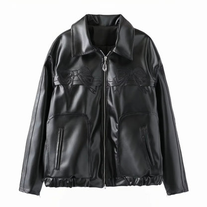 Womens Pink Bow Leather Motorcycle Jacket with Zipper - Stylish Black Faux Leather Coat