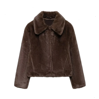 Warm Brown Faux Fur Coat - Plush Short Outwear for Women