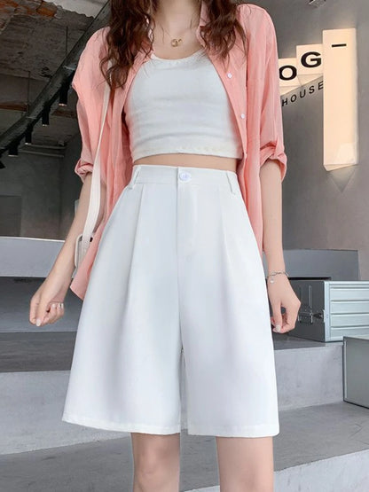 Black High Waist Suit Shorts for Women - Loose Elastic Waist Casual Wide Leg Ice Silk Summer Pants