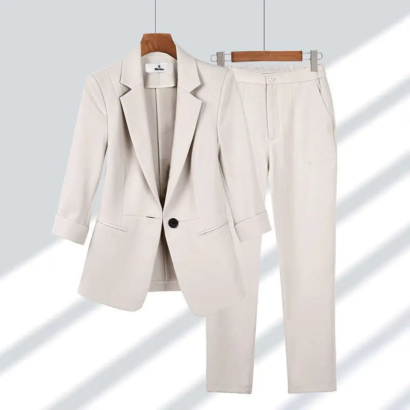 Elegant Womens Two Piece Blazer and Wide Leg Pants Set - Casual Office Outfit