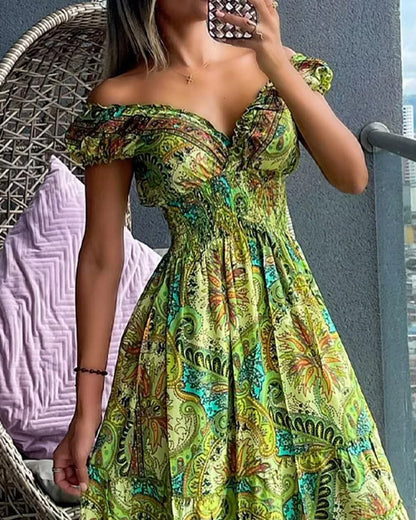 Off-Shoulder Bohemian Maxi Dress - Casual Summer V-Neck Beach Dress