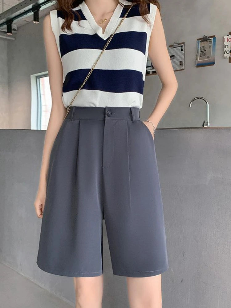 Black High Waist Suit Shorts for Women - Loose Elastic Waist Casual Wide Leg Ice Silk Summer Pants