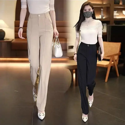 High Waist Khaki Office Trousers - Womens Straight Leg Cotton Pants