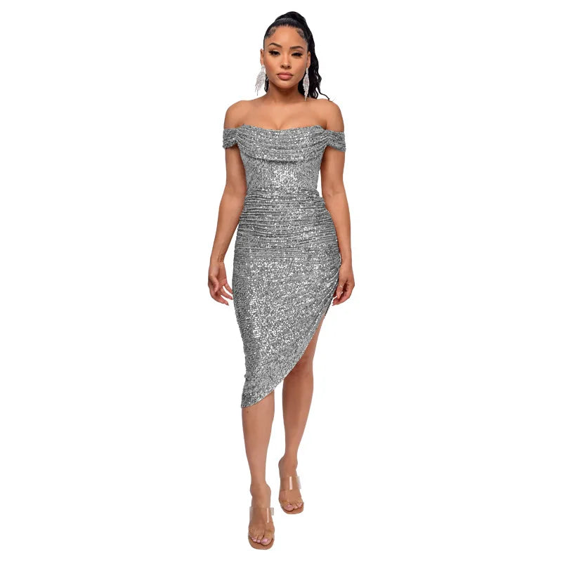 Off-Shoulder Sequin Bodycon Dress - Stylish Knee Length Party Dress