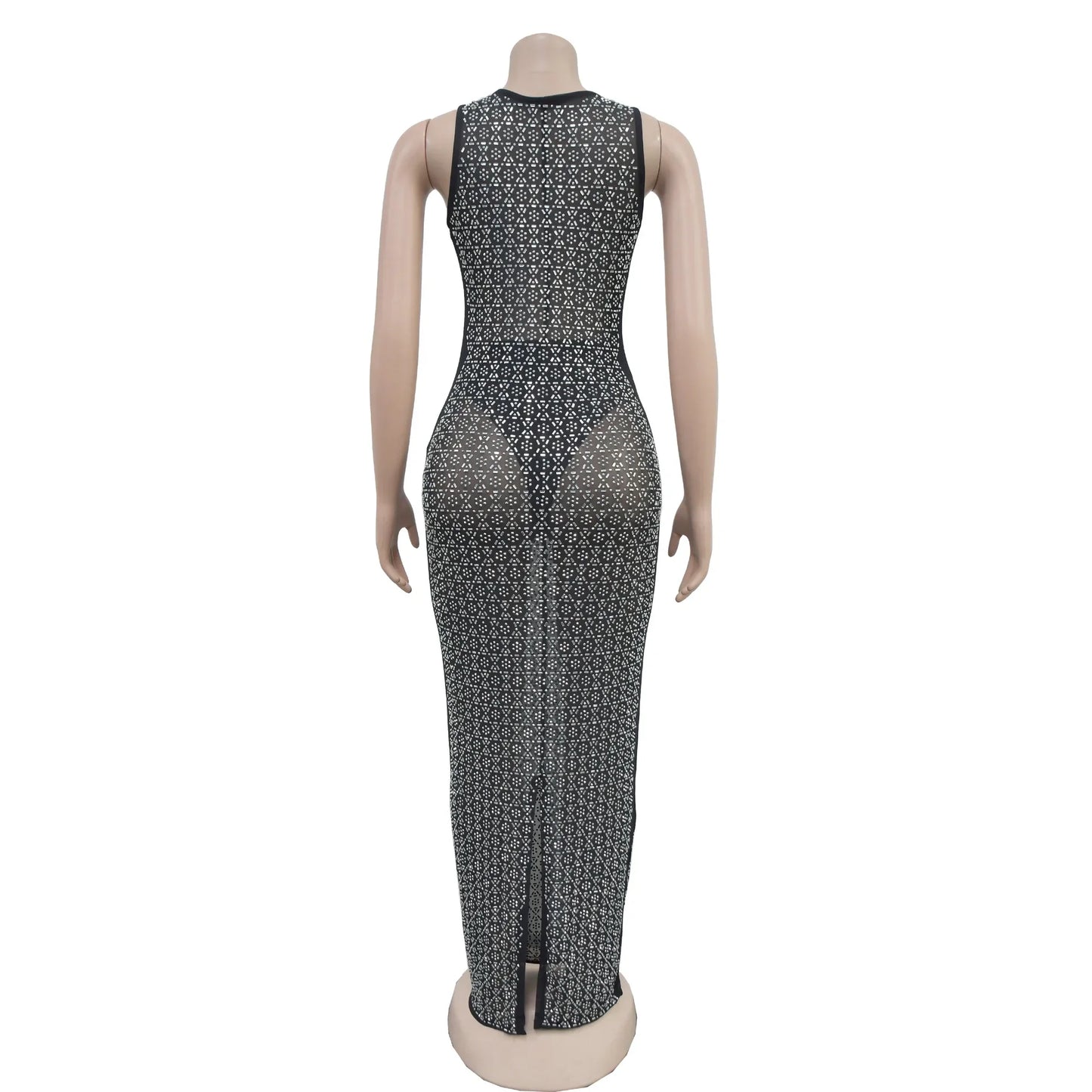 Elegant Rhinestone Mesh Long Dress for Women  See-Through Party Club