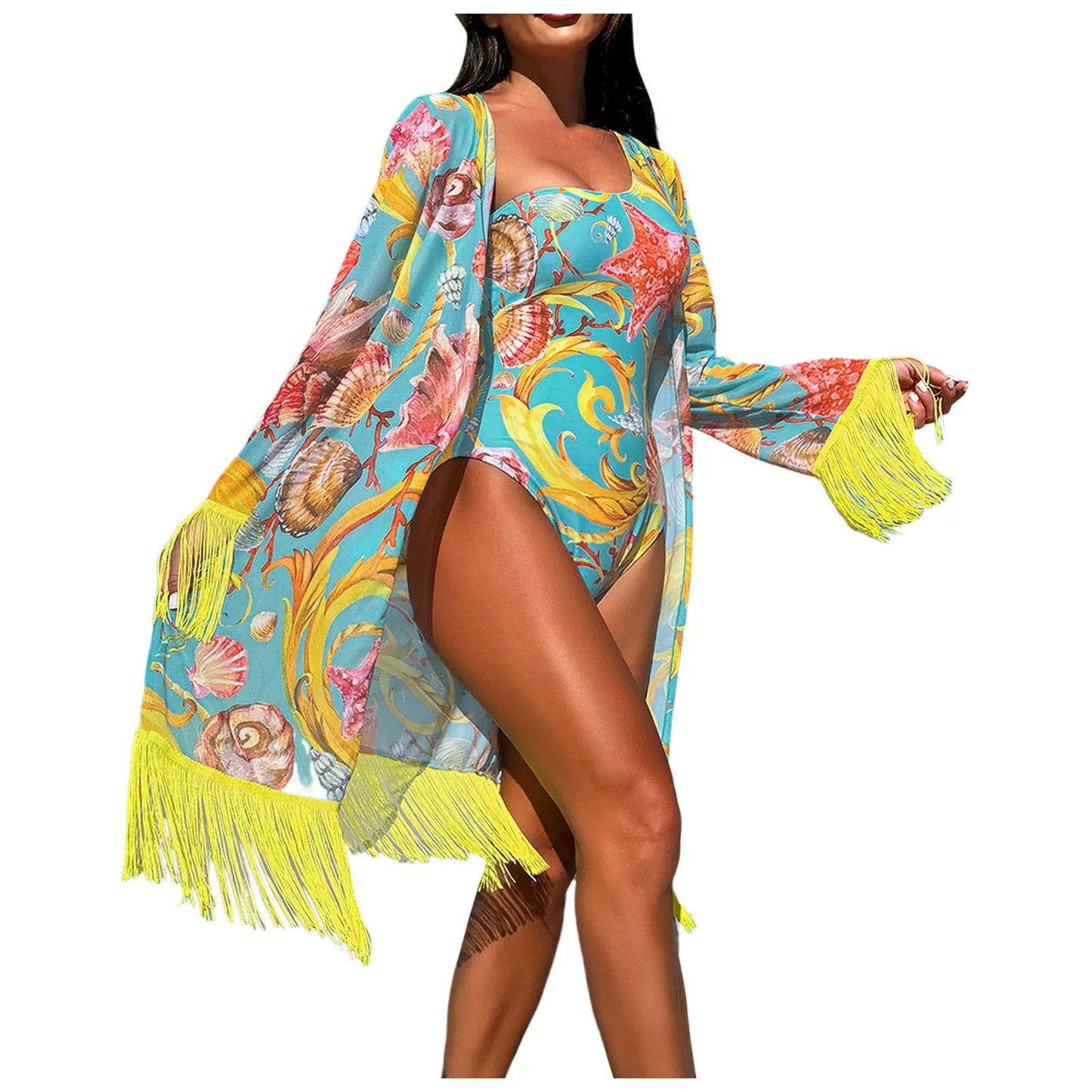 Chiffon Beach Cover-Up Set - Floral Print Bikini Wrap Swimwear