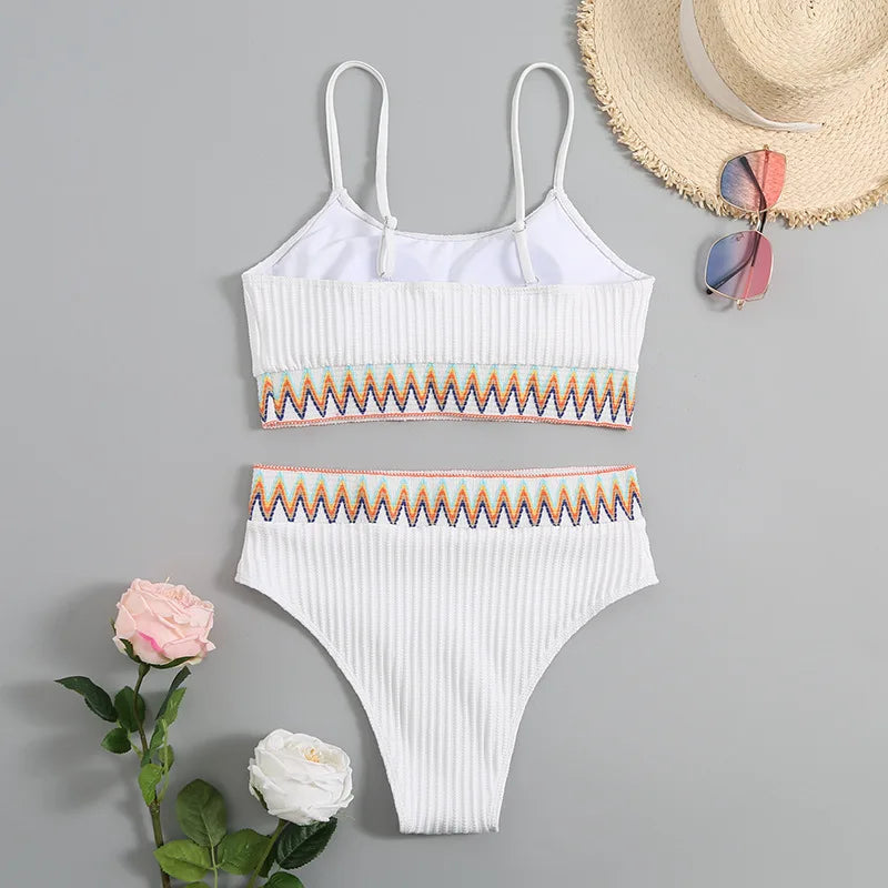 High Waist White Bikini Set - Sexy Patchwork Brazilian Swimwear