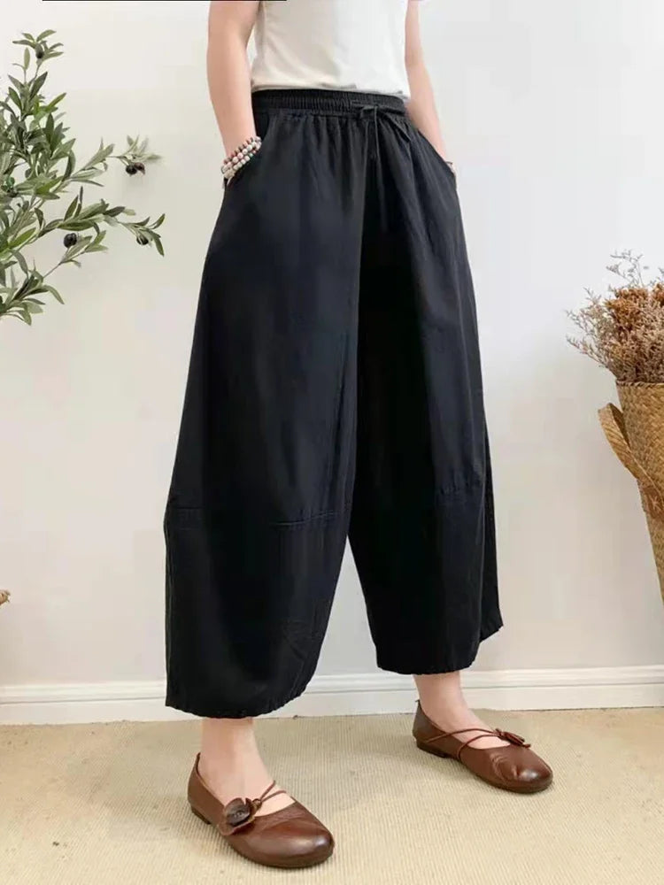 Womens Khaki Oversized Harem Pants - Baggy Cotton Linen Lantern Pants with Pockets for Summer 2023