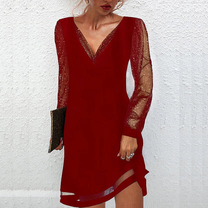 Lace Splice Mini Dress - Womens V-Neck Long Sleeve Pullover