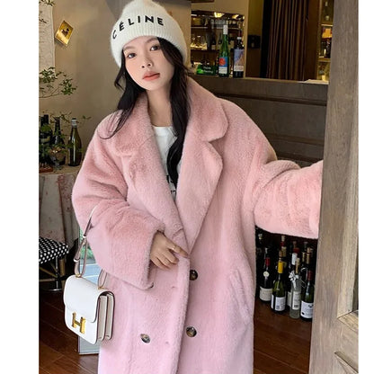 Beige Eco-Friendly Faux Mink Fur Long Thick Coat with Integrated Collar for Women