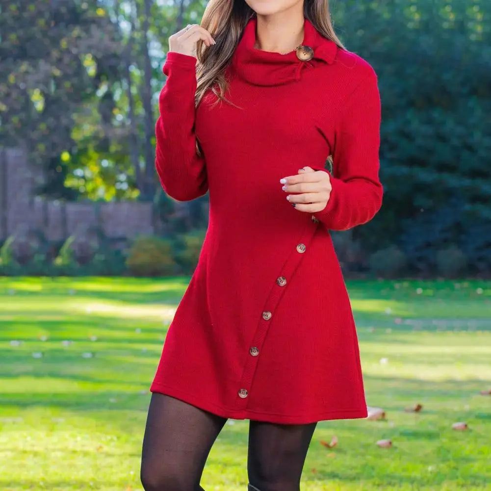 Womens High Waist Long Sleeve Mini Dress with Piled Collar - Solid Color Autumn Winter Streetwear