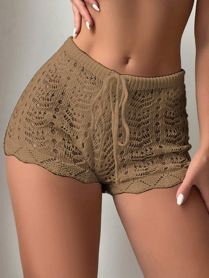 Womens Hollow Drawstring Knitted Bikini Shorts - 100 Polyester Blocked Design