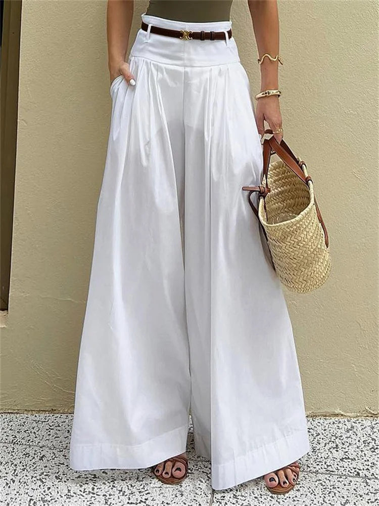 Wide Leg Palazzo Pants - High Waist Casual Trousers with Pockets for Women