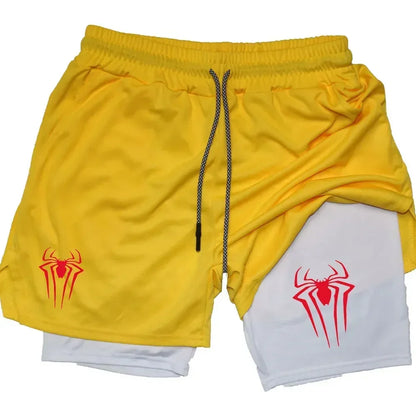 Mens Y2K Spider Print Compression Shorts - 5-Inch Quick-Dry Gym Training Shorts with Pockets Breathable 2-in-1 Design