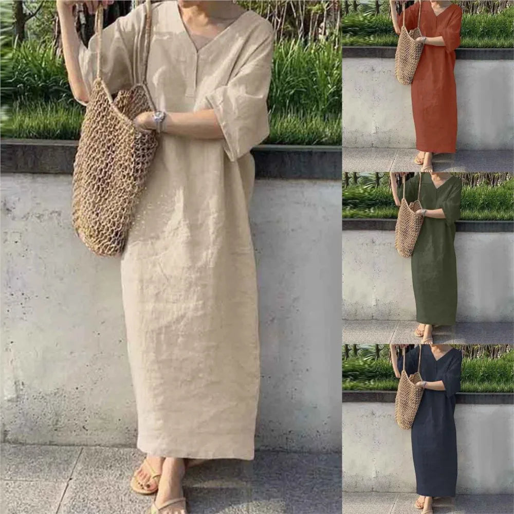 Womens Casual Cotton-Linen V-Neck Dress - Elegant Loose Short Sleeve Summer Dress