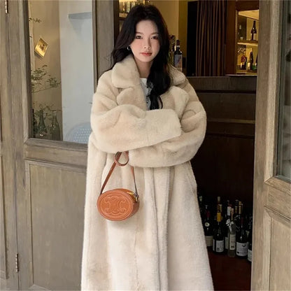 Beige Eco-Friendly Faux Mink Fur Long Thick Coat with Integrated Collar for Women