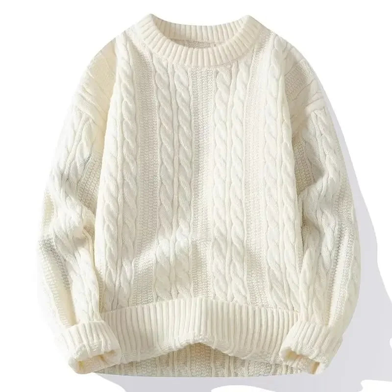 Mens Loose-Fit Round Neck Sweater - Solid Color Knitwear for Autumn Casual Wear