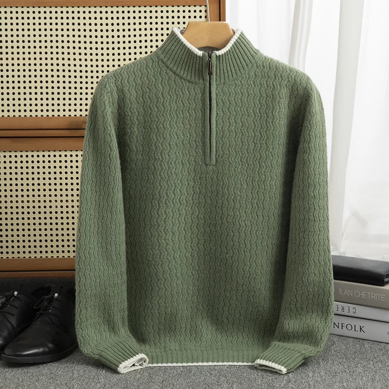 Mens 100 Pure Wool Zipper Pullover Sweater - Thick Round Neck Casual Business Top