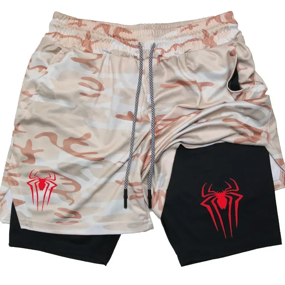 Mens Y2K Spider Print Compression Shorts - 5-Inch Quick-Dry Gym Training Shorts with Pockets Breathable 2-in-1 Design