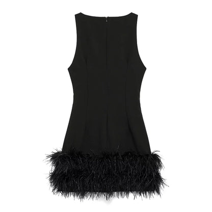 Elegant Mini Dress - Black Sleeveless Feather Casual Evening Party Dress 2024