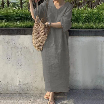 Womens Casual Cotton-Linen V-Neck Dress - Elegant Loose Short Sleeve Summer Dress