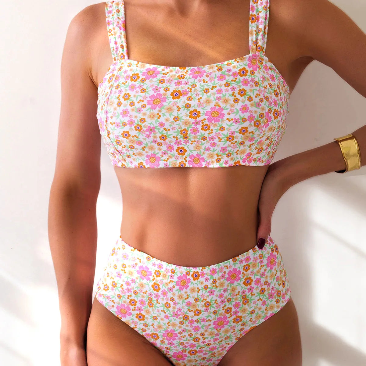 Flower Print High Waist Bikini Set - Girls Two-Piece Swimwear