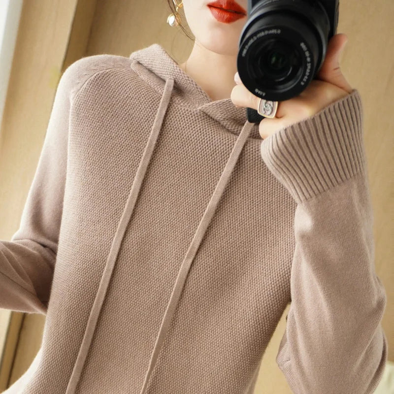 Womens Merino Wool Long Sleeve Hoodies - Stylish Knitted Sweatshirts