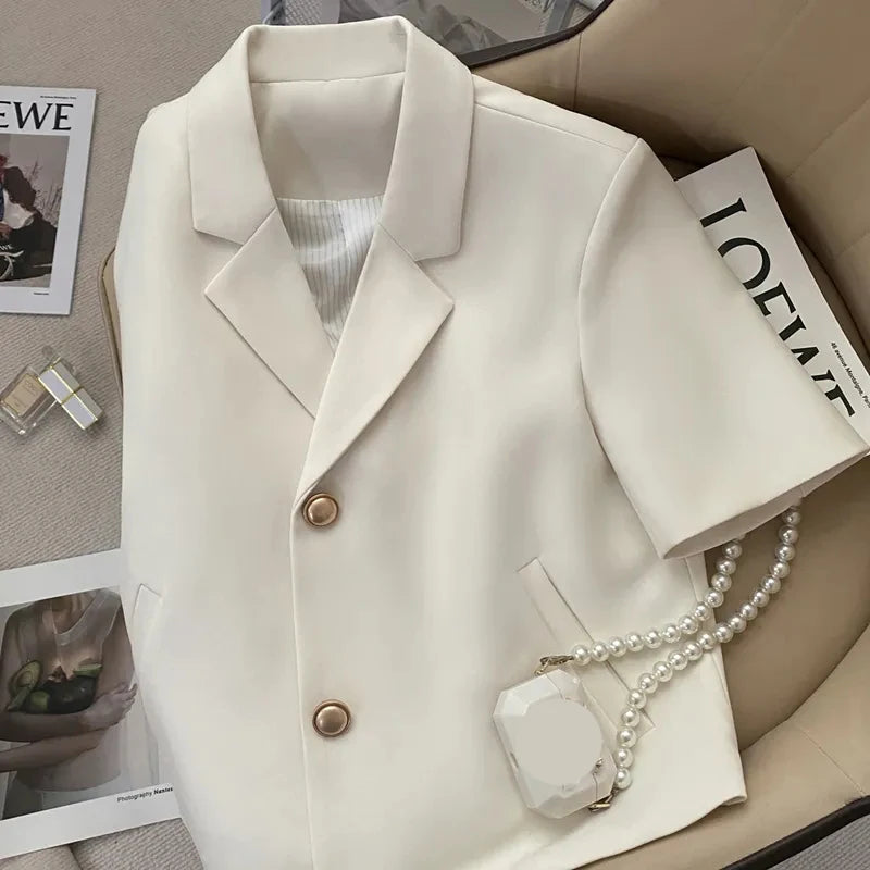 Korean Fashion Womens Notched Neck Blazer - Casual Summer Office Jacket