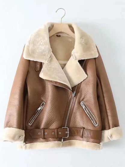 Womens Faux Leather Fur Aviator Jacket - Thick Winter Coat